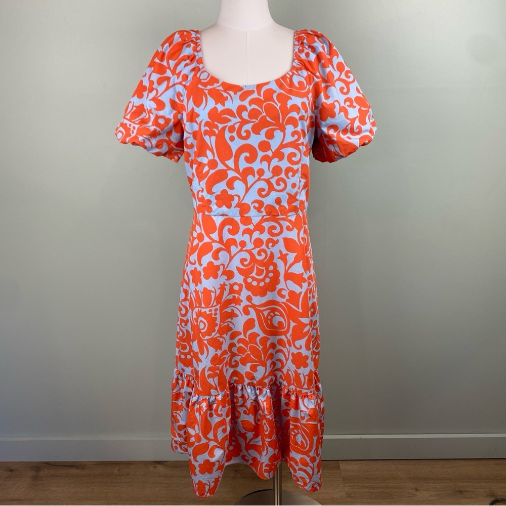 Talbots Blue & Orange Paisley Print PUFF SLEEVE POPLIN Midi DRESS - JACOBEAN 14P